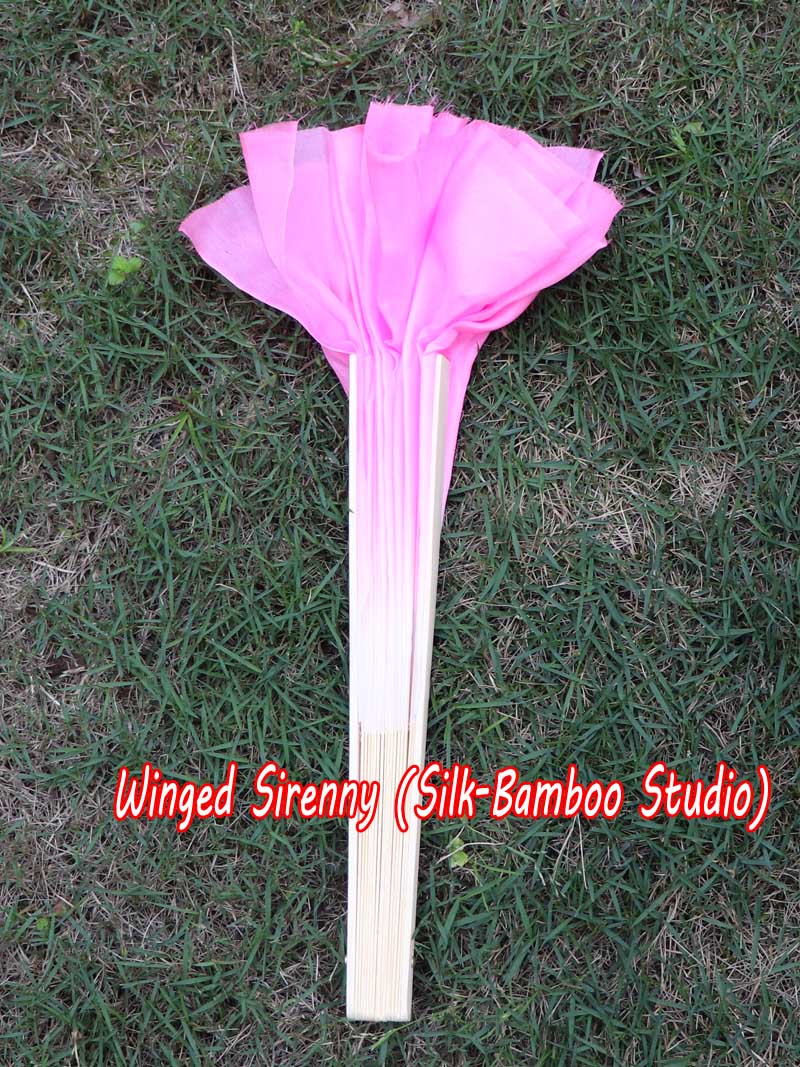 1 Pair white-light pink short Chinese silk dance fan, 10cm (4") flutter