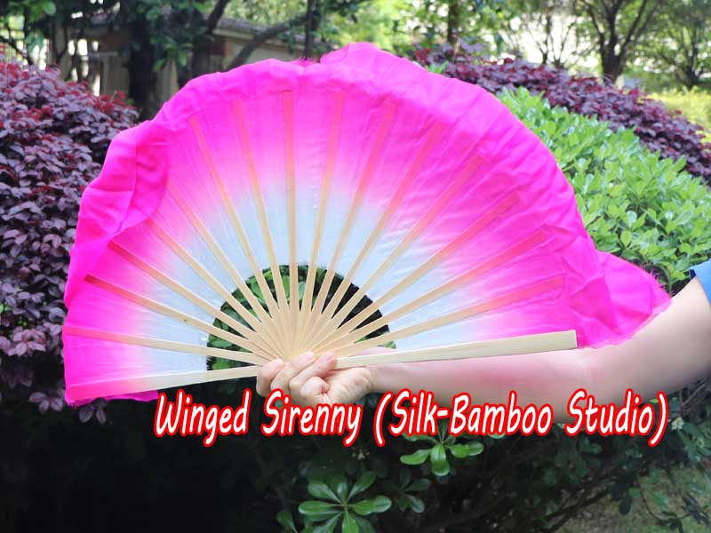1 Pair white-pink short Chinese silk dance fan, 10cm (4") flutter