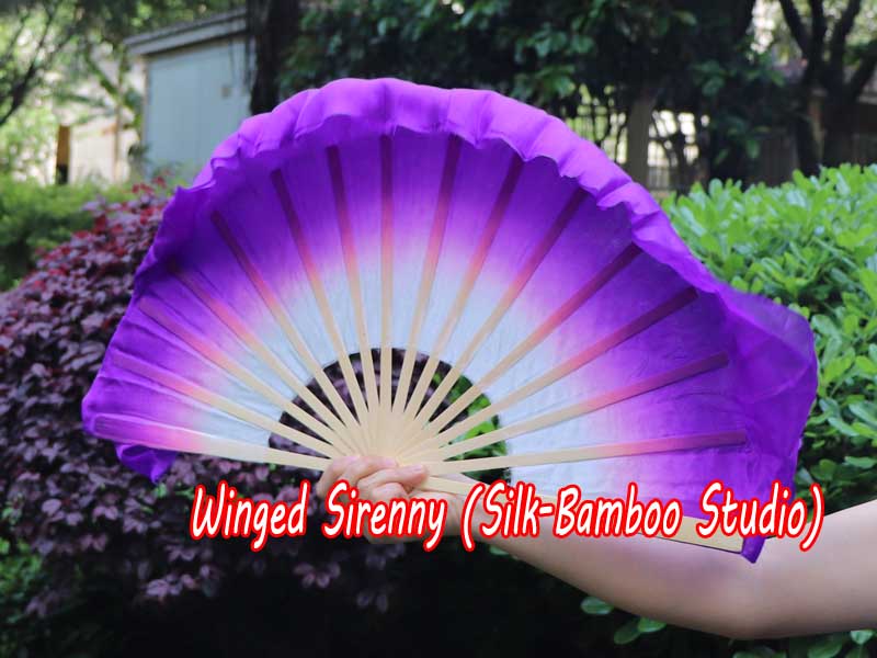 1 Pair white-purple short Chinese silk dance fan, 10cm (4") flutter