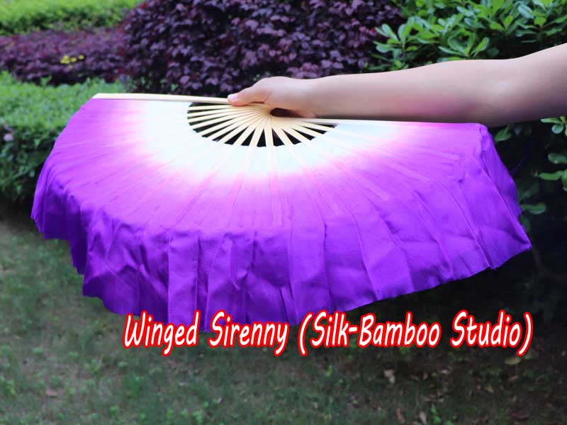 1 Pair white-purple short Chinese silk dance fan, 10cm (4") flutter