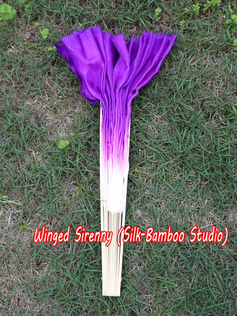 1 Pair white-purple short Chinese silk dance fan, 10cm (4") flutter
