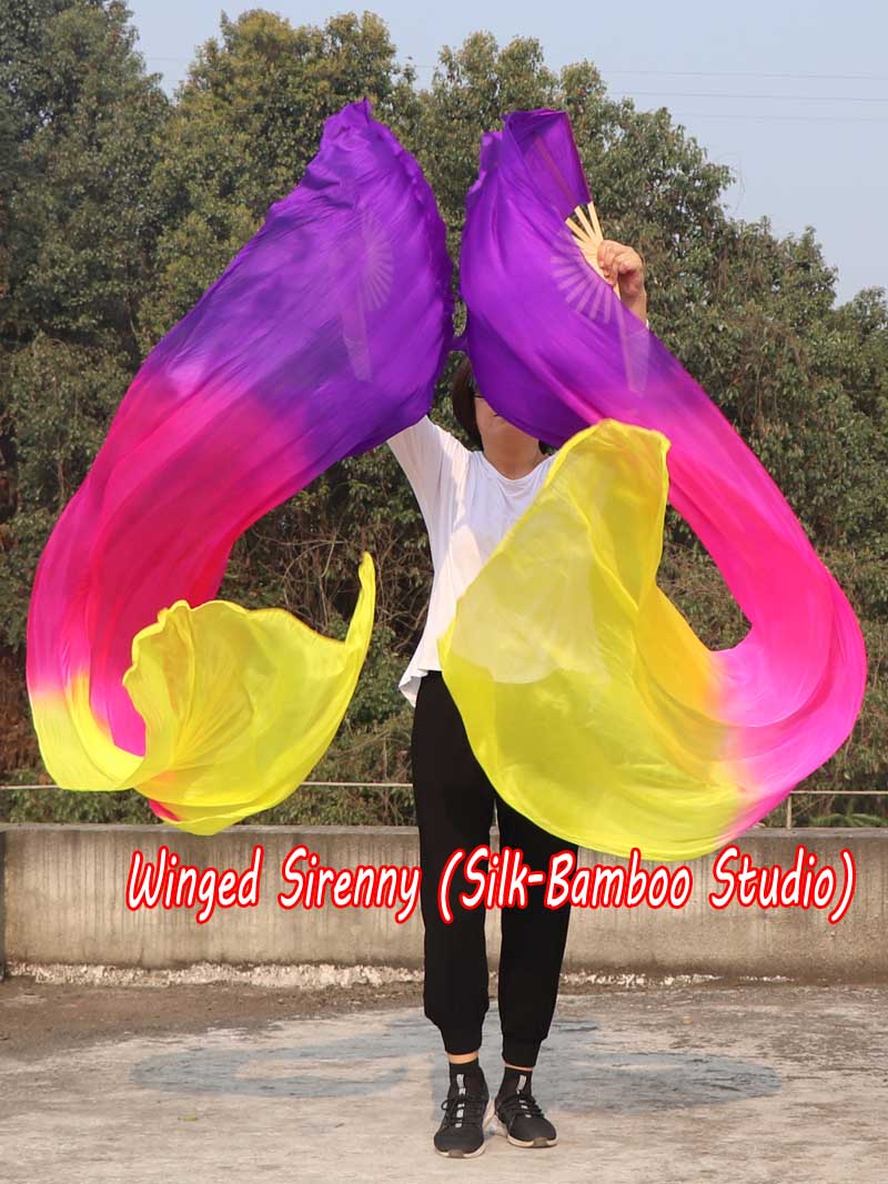 1 pair 2.4m (94") purple-pink-yellow belly dance silk fan veils