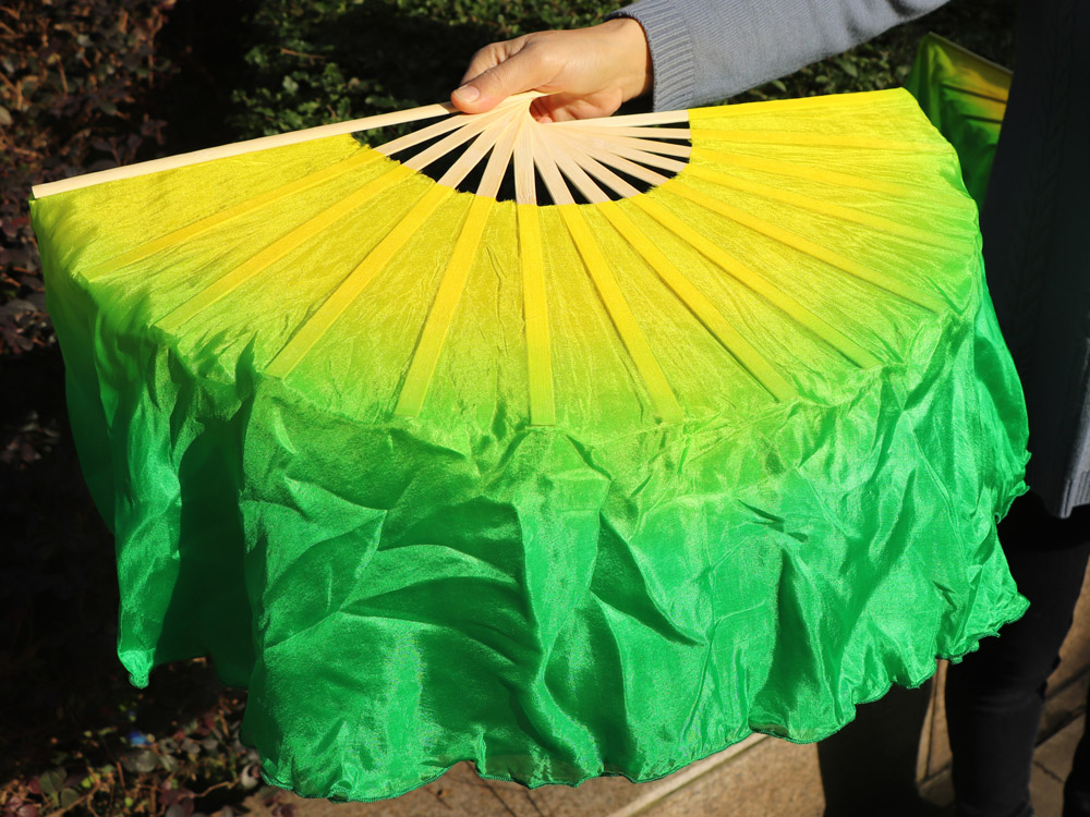 1 Pair yellow-green short Chinese silk dance fan, 30cm(12") flutter