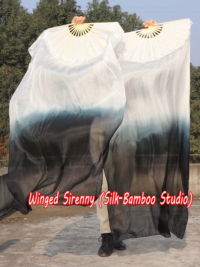 1 pair 1.5m (59") white-black belly dance silk fan veil