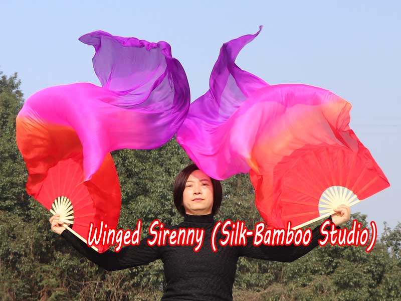 1 pair 1.5m (59") red-pink-purple belly dance silk fan veil