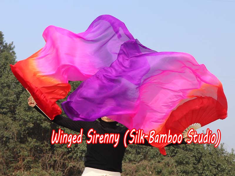 1 pair 1.5m (59") red-pink-purple belly dance silk fan veil