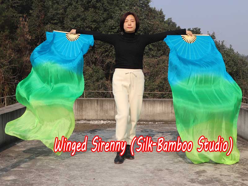 1 pair 1.8m (71") turquoise-green-yellow green belly dance silk fan veils