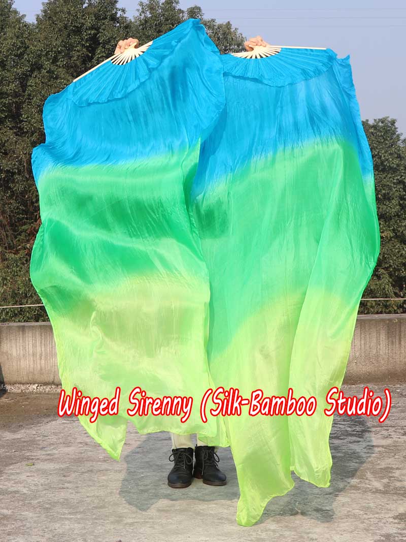 1 pair 1.8m (71") turquoise-green-yellow green belly dance silk fan veils