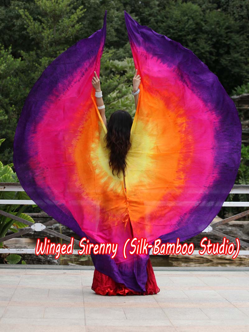 1 pair yellow-orange-pink-purple 8 Mommes habotai belly dance silk wing