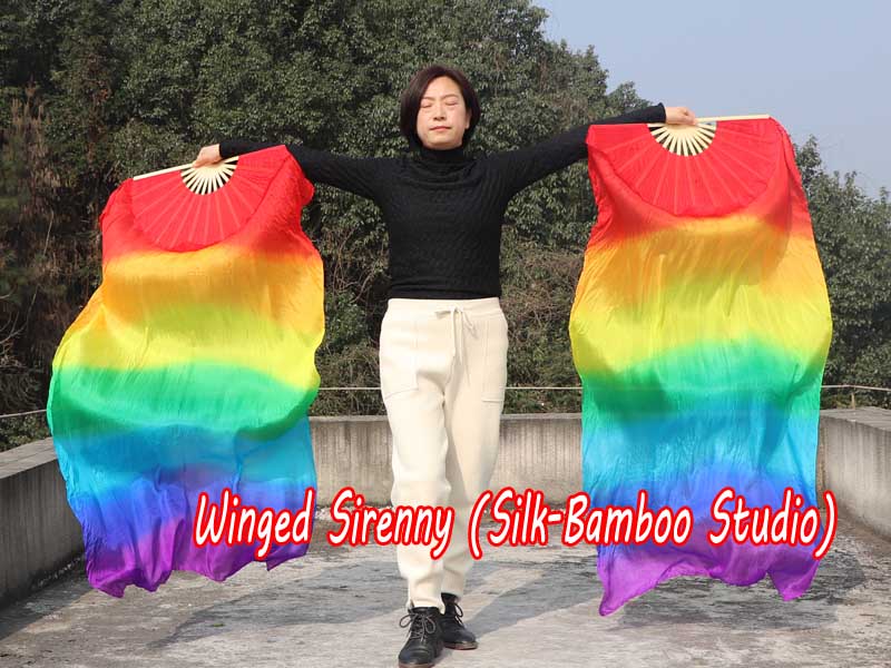 1 pair 1.5m (59") Rainbow belly dance silk fan veil