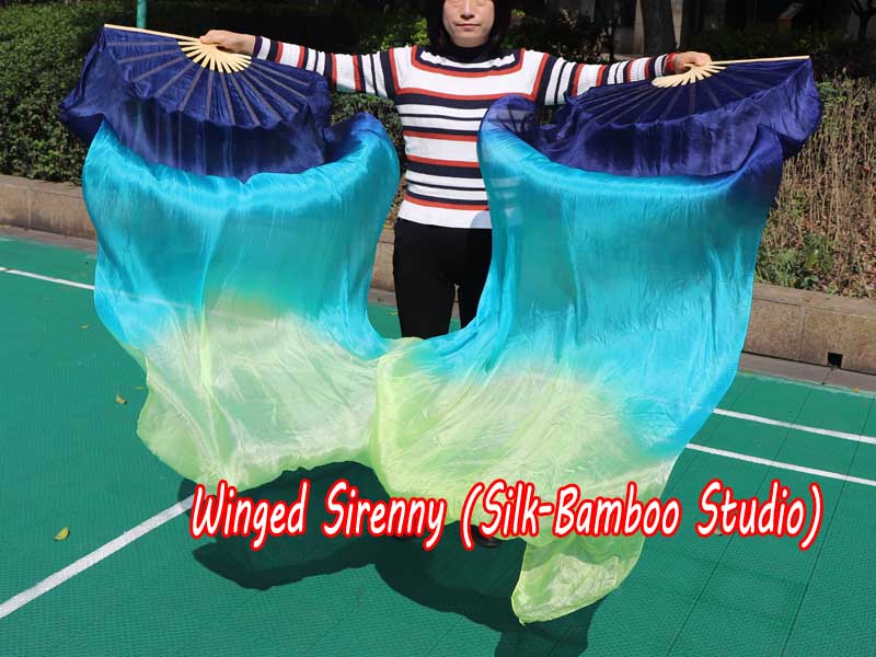1 pair 1.8m (71") navy blue-aqua-yellow green belly dance silk fan veils