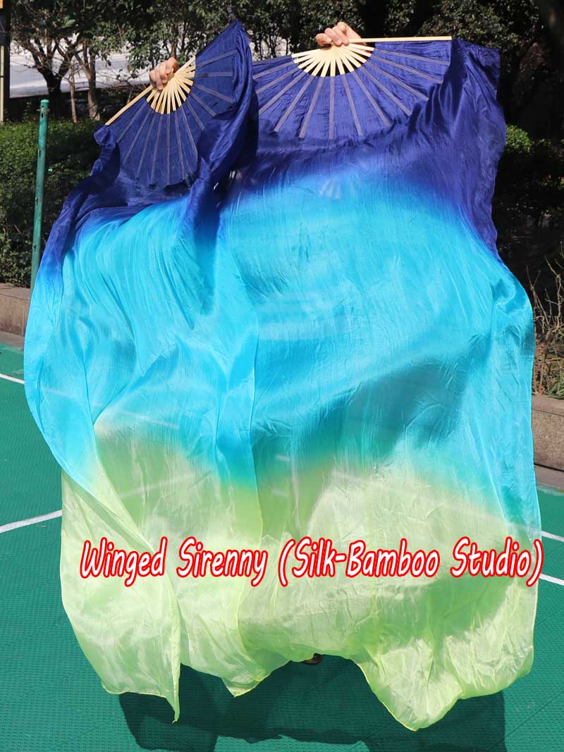 1 pair 1.8m (71") navy blue-aqua-yellow green belly dance silk fan veils