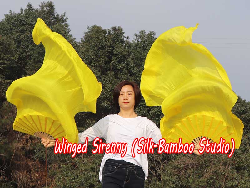 1 pair 1.5m (59") yellow belly dance silk fan veil