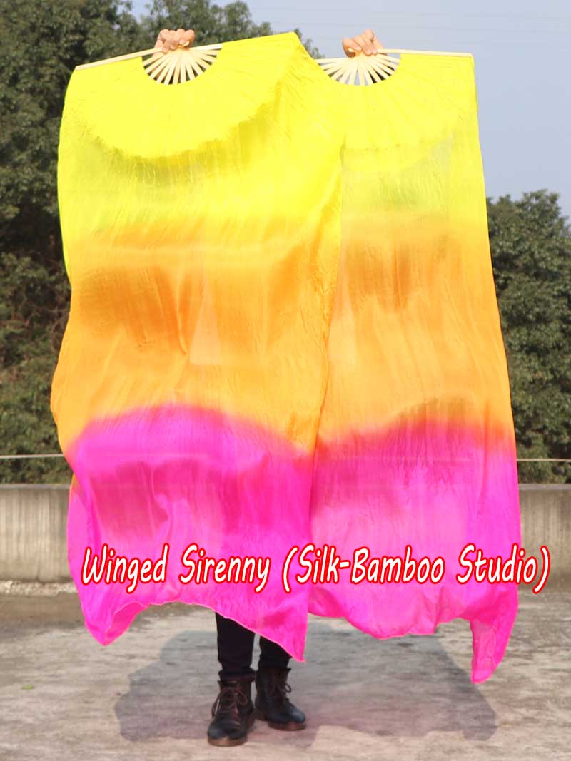 1 pair 1.5m (59") yellow-orange-pink belly dance silk fan veil