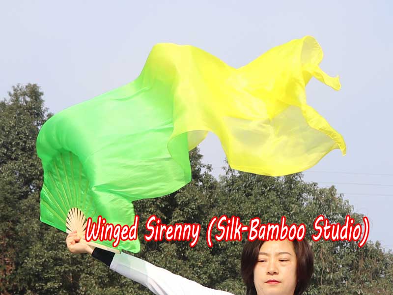 1 pair 1.5m (59") green-yellow belly dance silk fan veil