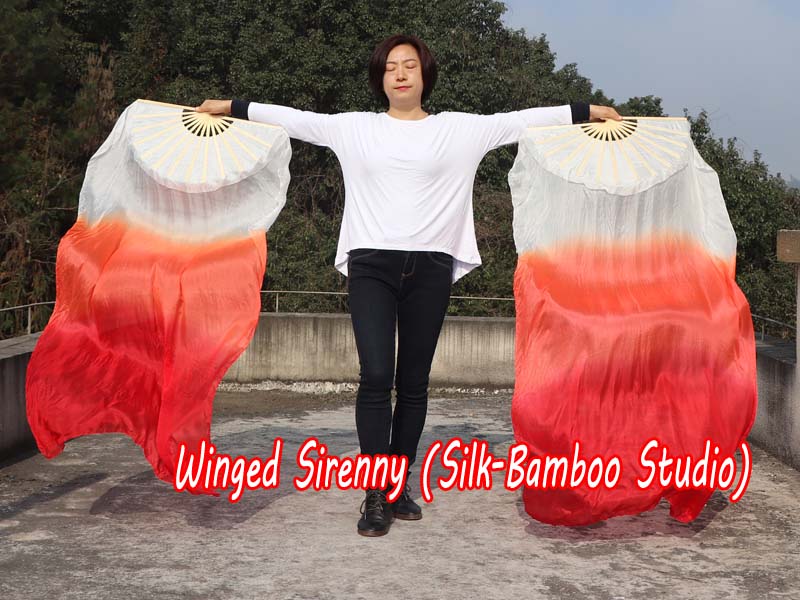 1 pair 1.5m (59") white-red belly dance silk fan veil