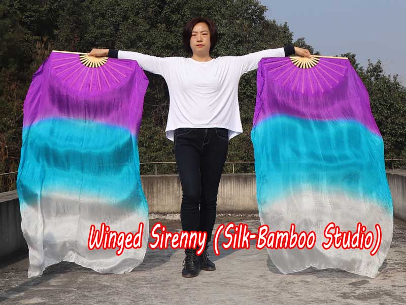 1 pair 1.5m (59") purple-turquoise-white belly dance silk fan veil