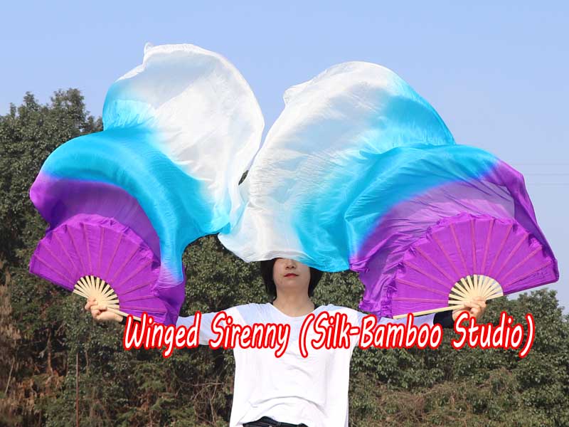 1 pair 1.5m (59") purple-turquoise-white belly dance silk fan veil
