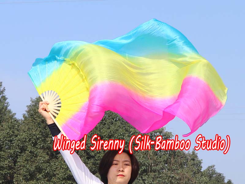 1 pair 1.5m (59") long stripes turquoise-yellow-pink belly dance silk fan veil