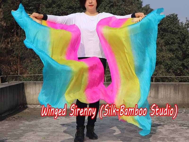 1 pair 1.5m (59") long stripes turquoise-yellow-pink belly dance silk fan veil