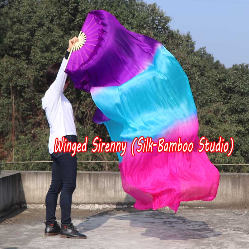 1 pair 2.4m (94") purple-turquoise-pink belly dance silk fan veils