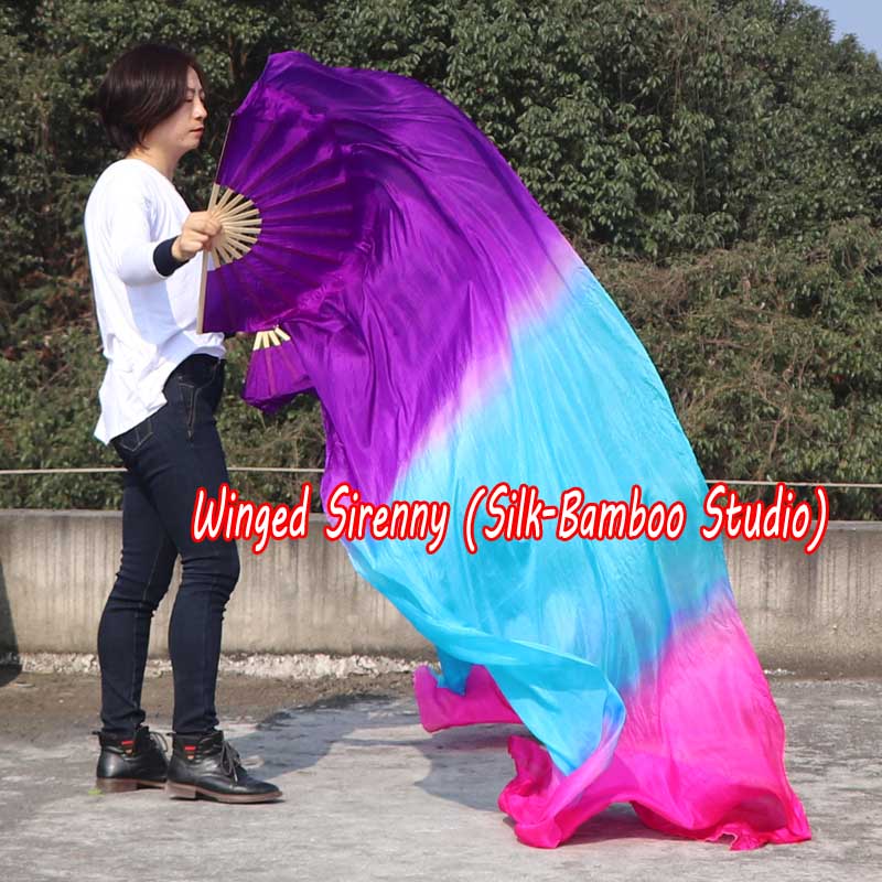 1 pair 2.4m (94") purple-turquoise-pink belly dance silk fan veils