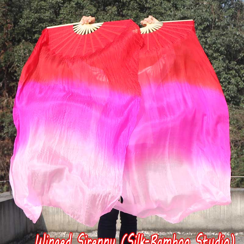 1 pair 1.5m (59") red-pink-light pink belly dance silk fan veil