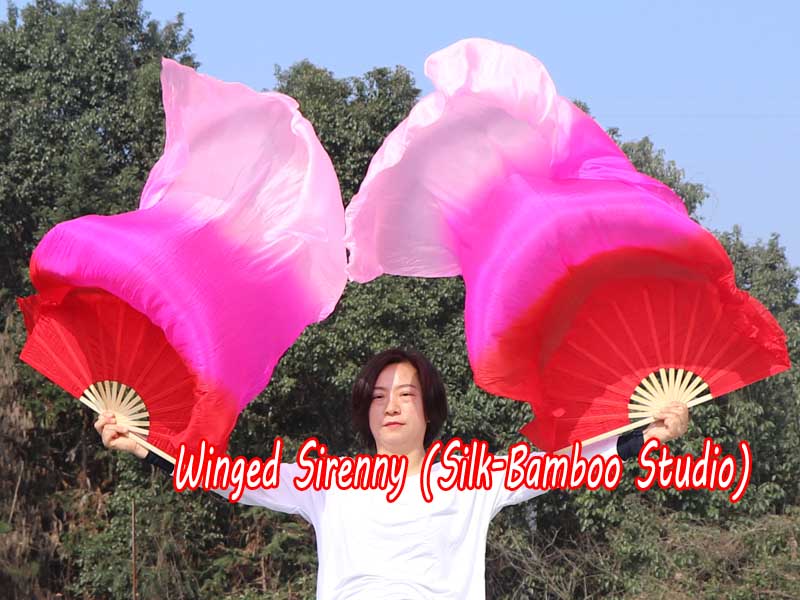 1 pair 1.5m (59") red-pink-light pink belly dance silk fan veil