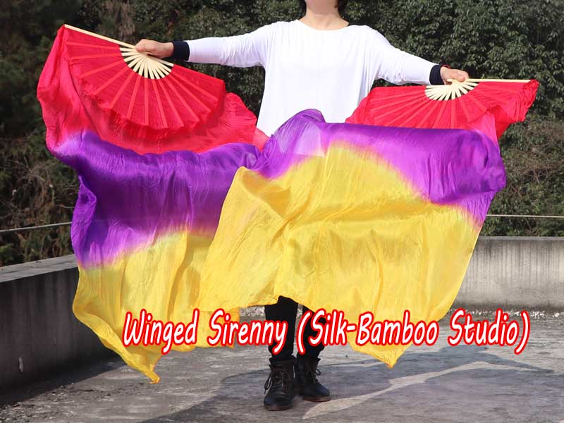 1 pair 1.5m (59") red-purple-orange belly dance silk fan veil