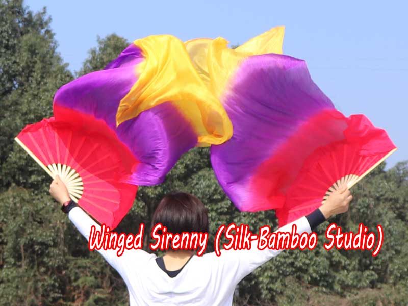 1 pair 1.5m (59") red-purple-orange belly dance silk fan veil