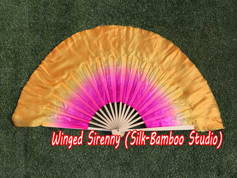 1 Pair pink-orange short Chinese silk dance fan, 10cm (4") flutter