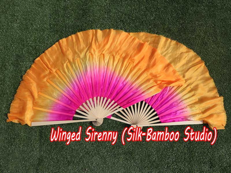 1 Pair pink-orange short Chinese silk dance fan, 10cm (4") flutter