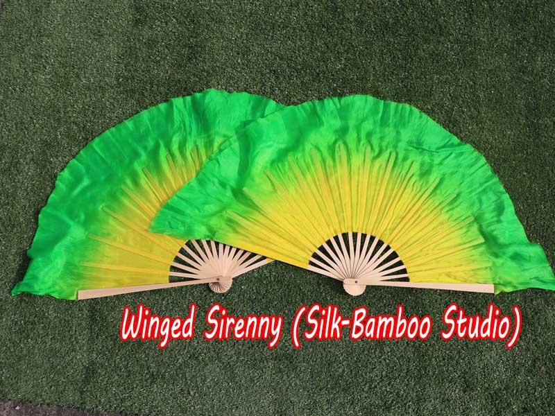 1 Pair yellow-green short Chinese silk dance fan, 10cm (4") flutter