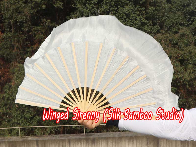 1 Pair white short Chinese silk dance fan, 10cm (4") flutter