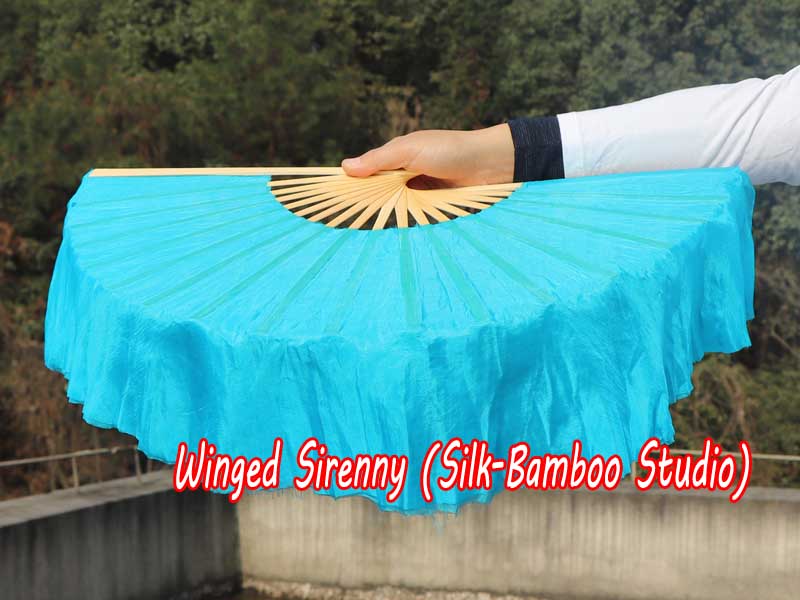 1 Pair turquoise short Chinese silk dance fan, 10cm (4") flutter