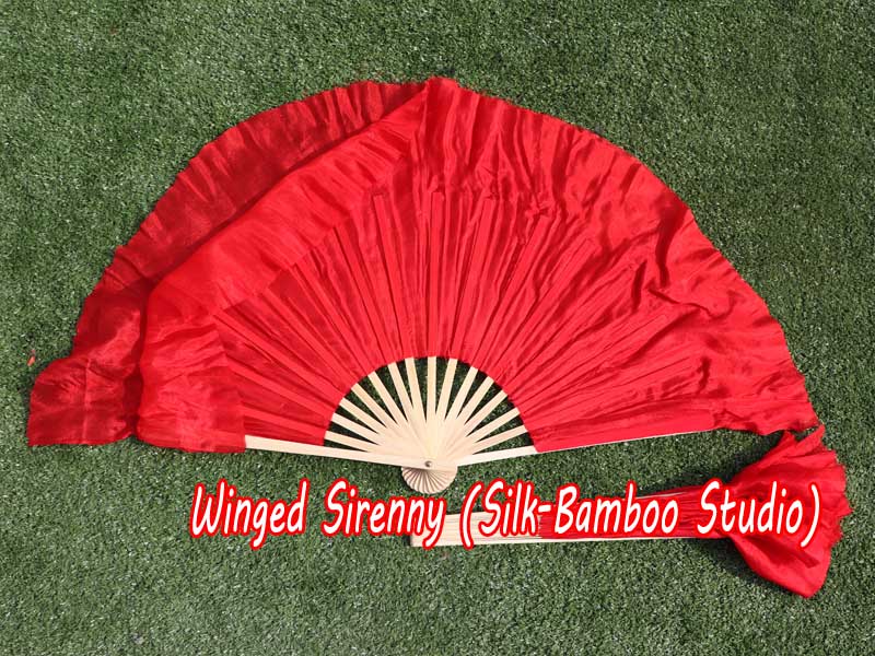 1 Pair red short Chinese silk dance fan, 10cm (4") flutter
