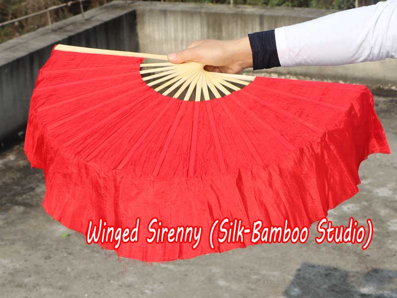 1 Pair red short Chinese silk dance fan, 10cm (4") flutter