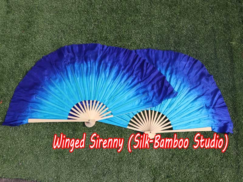 1 Pair turquoise-blue short Chinese silk dance fan, 10cm (4") flutter