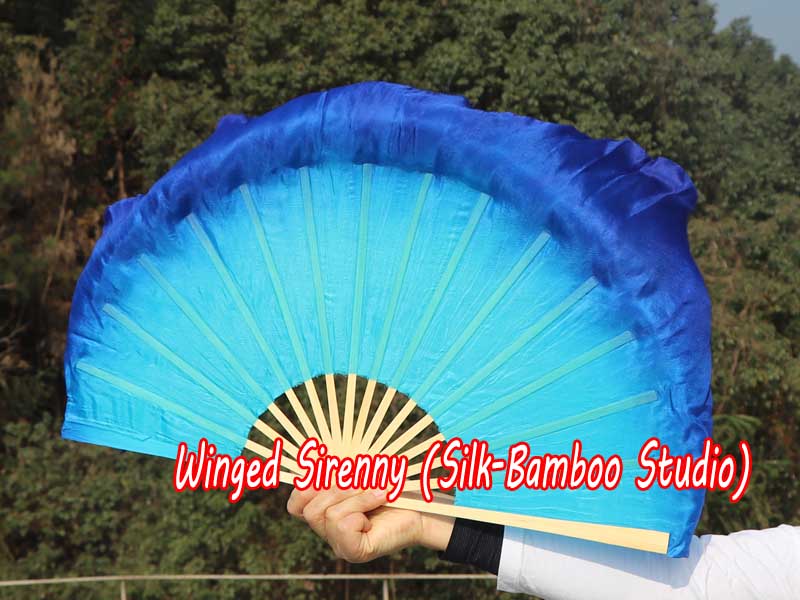 1 Pair turquoise-blue short Chinese silk dance fan, 10cm (4") flutter