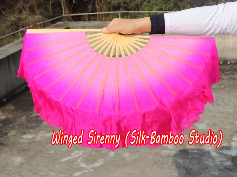 1 Pair light pink-pink short Chinese silk dance fan, 10cm (4") flutter