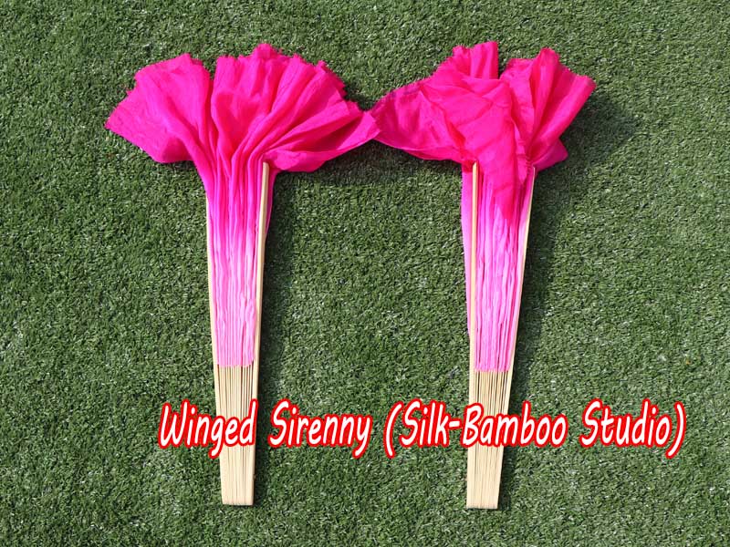 1 Pair light pink-pink short Chinese silk dance fan, 10cm (4") flutter