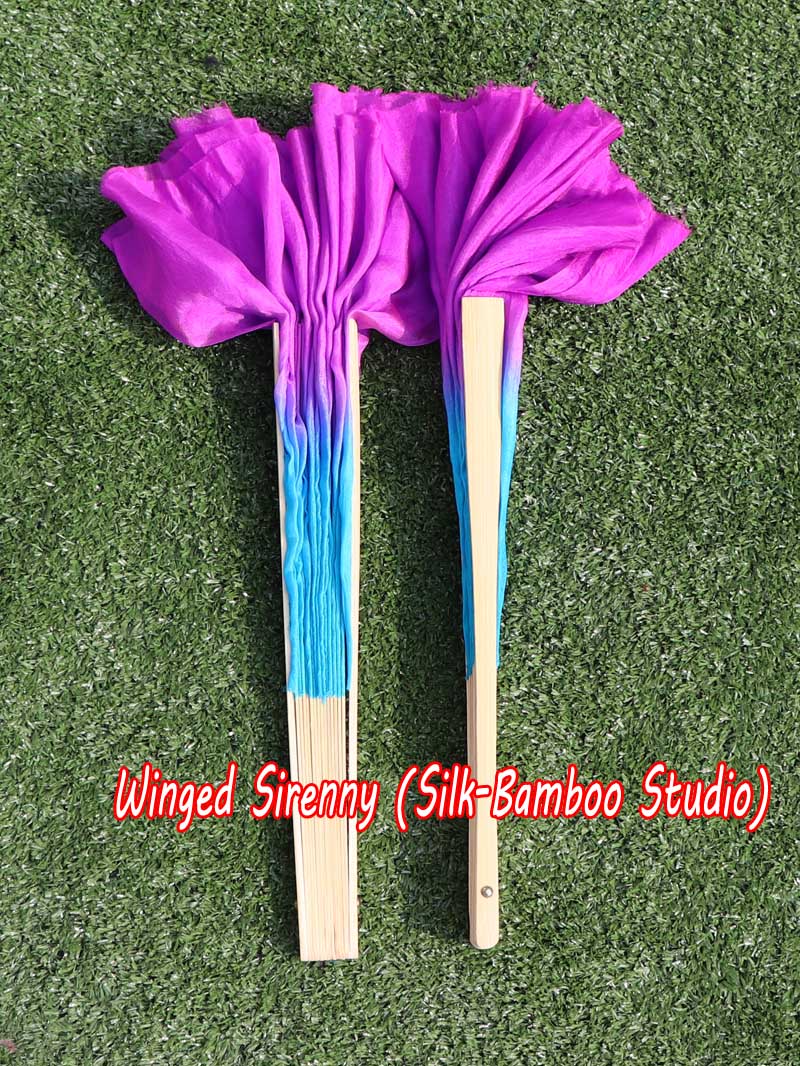 1 Pair turquoise-purple short Chinese silk dance fan, 10cm (4") flutter