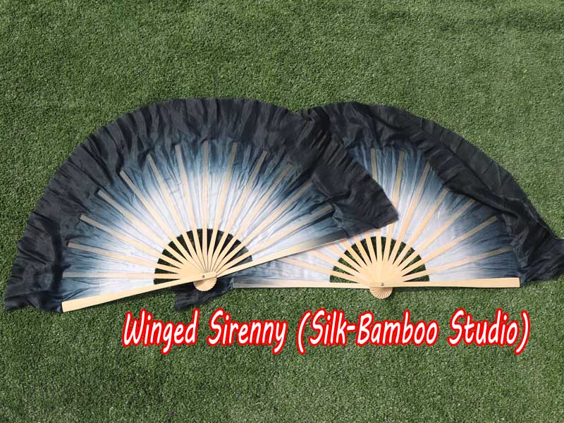 1 Pair white-black short Chinese silk dance fan, 10cm (4") flutter