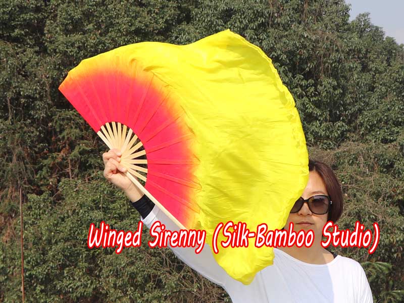 1 Pair red-yellow short Chinese silk dance fan, 30cm (12") flutter