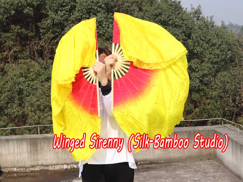 1 Pair red-yellow short Chinese silk dance fan, 30cm (12") flutter