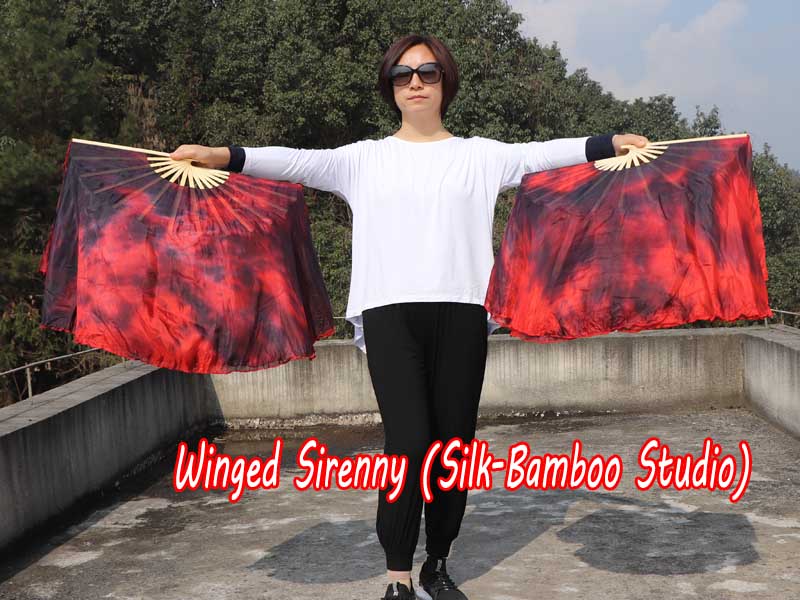 1 Pair Lava short Chinese silk dance fan, 30cm (12") flutter