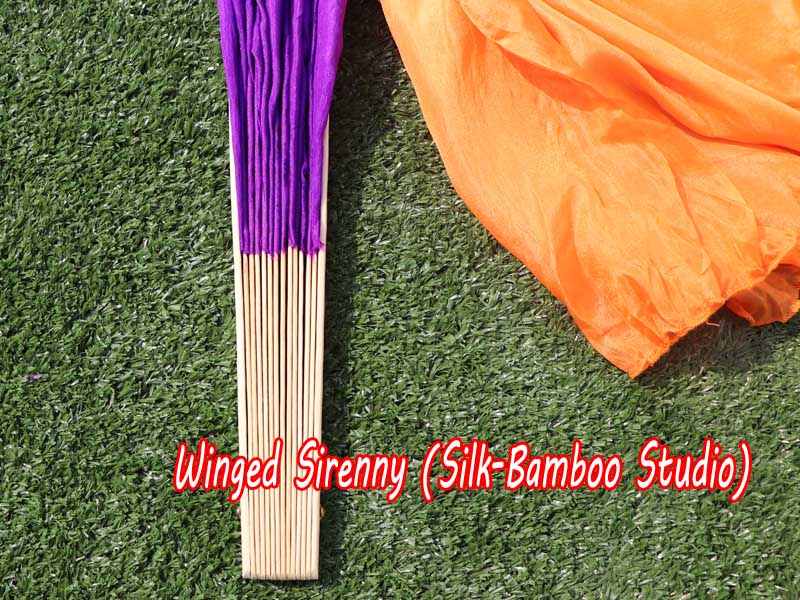 1 Pair purple-orange short Chinese silk dance fan, 30cm (12") flutter