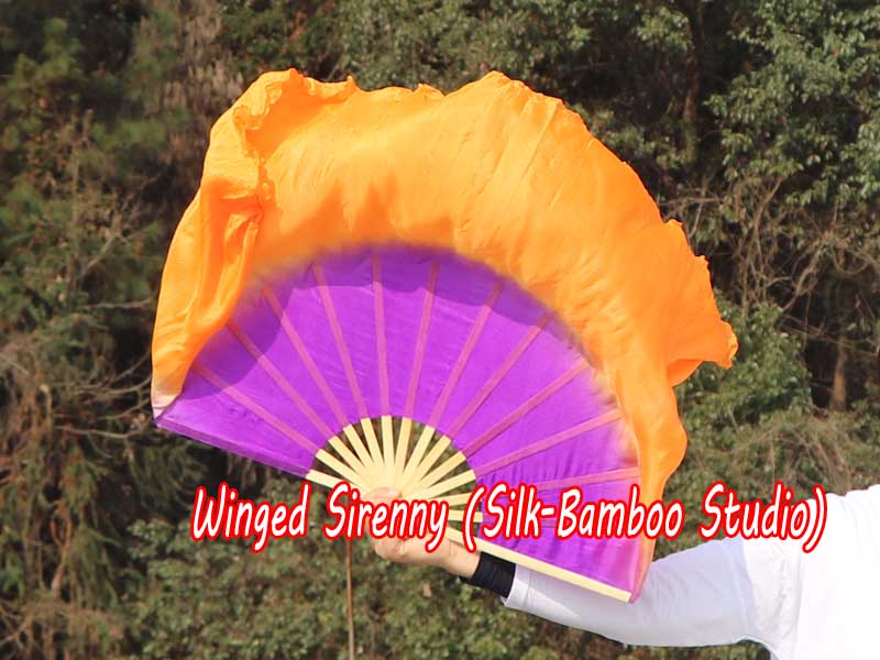 1 Pair purple-orange short Chinese silk dance fan, 30cm (12") flutter