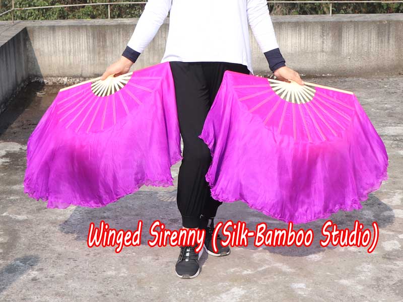 1 Pair pink-purple short Chinese silk dance fan, 30cm (12") flutter