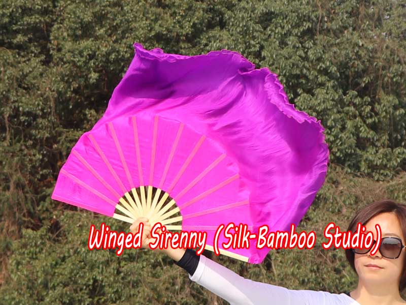 1 Pair pink-purple short Chinese silk dance fan, 30cm (12") flutter
